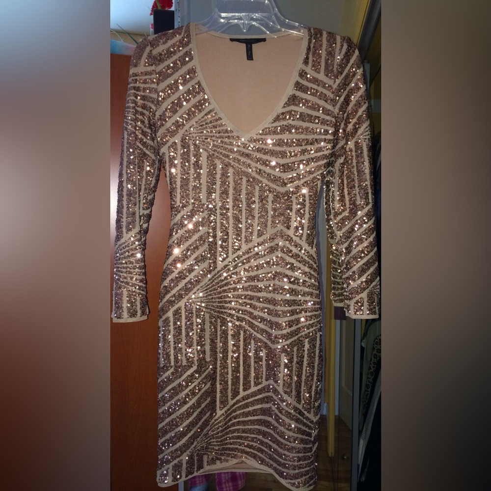 BCBGMaxAzria Rose Gold Long Sleeve Sequin Dress | XXS (00) | Like New